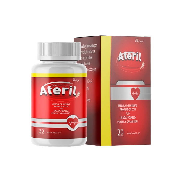 Ateril — suplemento dietario en cápsulas, frasco y caja, 30 cápsulas, hecho en Colombia